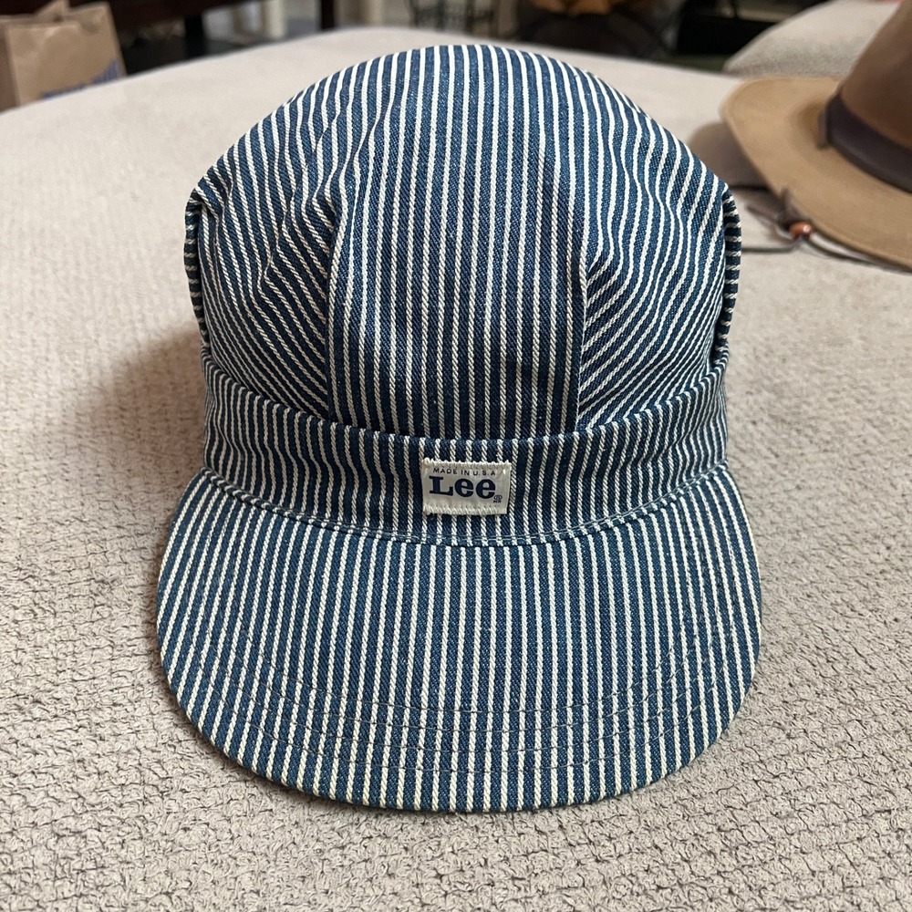 Vintage Lee Hickory Stripe Engineer Hat Union Made in USA Blue White